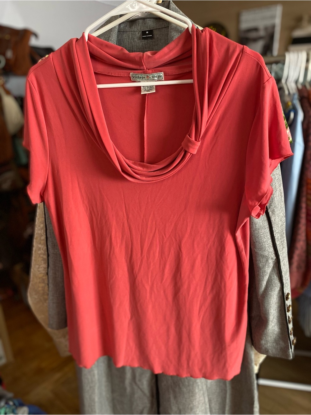 Vintage Suzie Coral Red Draped Cowl Neck Short Sleeve Top (pinup girl style)